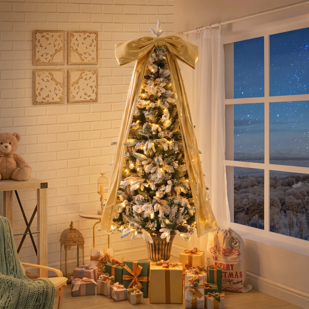 6FT Pre-Lit Flocked Christmas Tree with Real Pine Cones