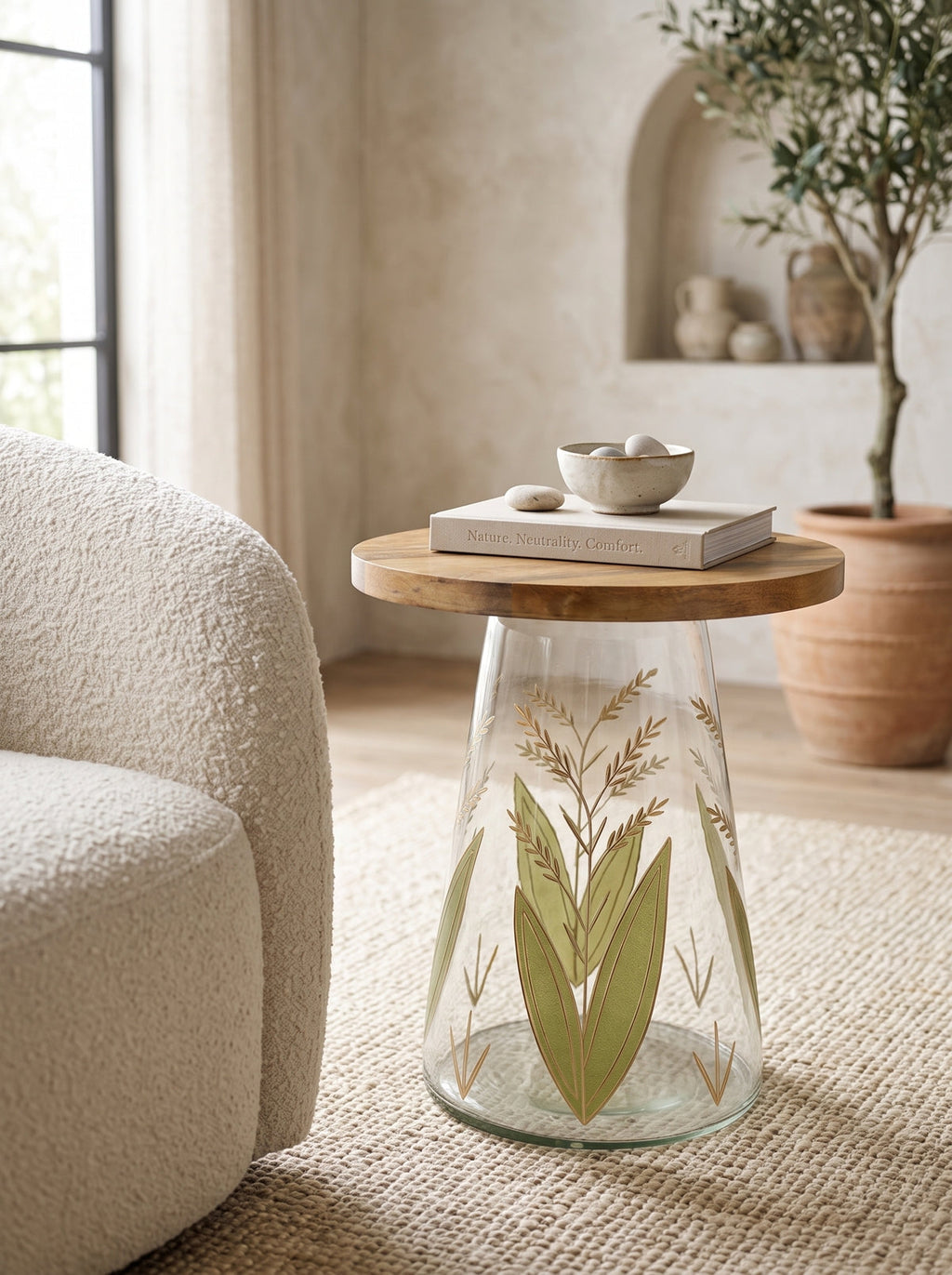 16x17.5" Glass Side Table with Wood Top and Hand-Painted Base