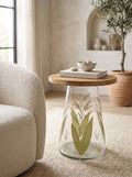 16x17.5" Glass Side Table with Wood Top and Hand-Painted Base