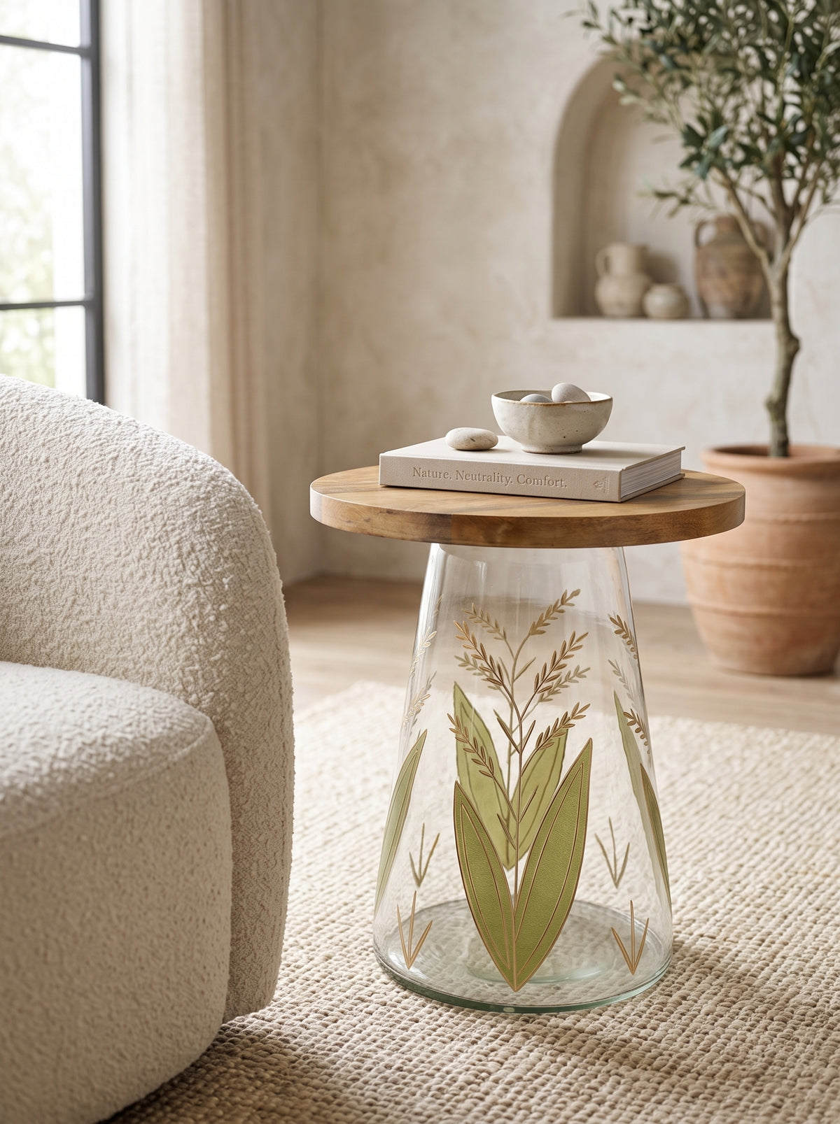 16x17.5" Glass Side Table with Wood Top and Hand-Painted Base
