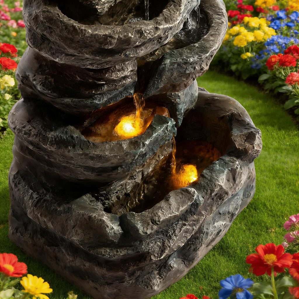 6-Tier Outdoor Cascading Stone Water Fountain with LED Lights