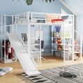 Full Size Metal Loft Bed with Built-in Desk, Open Wardrobe, Basketball Hoop, Slide and Staircase