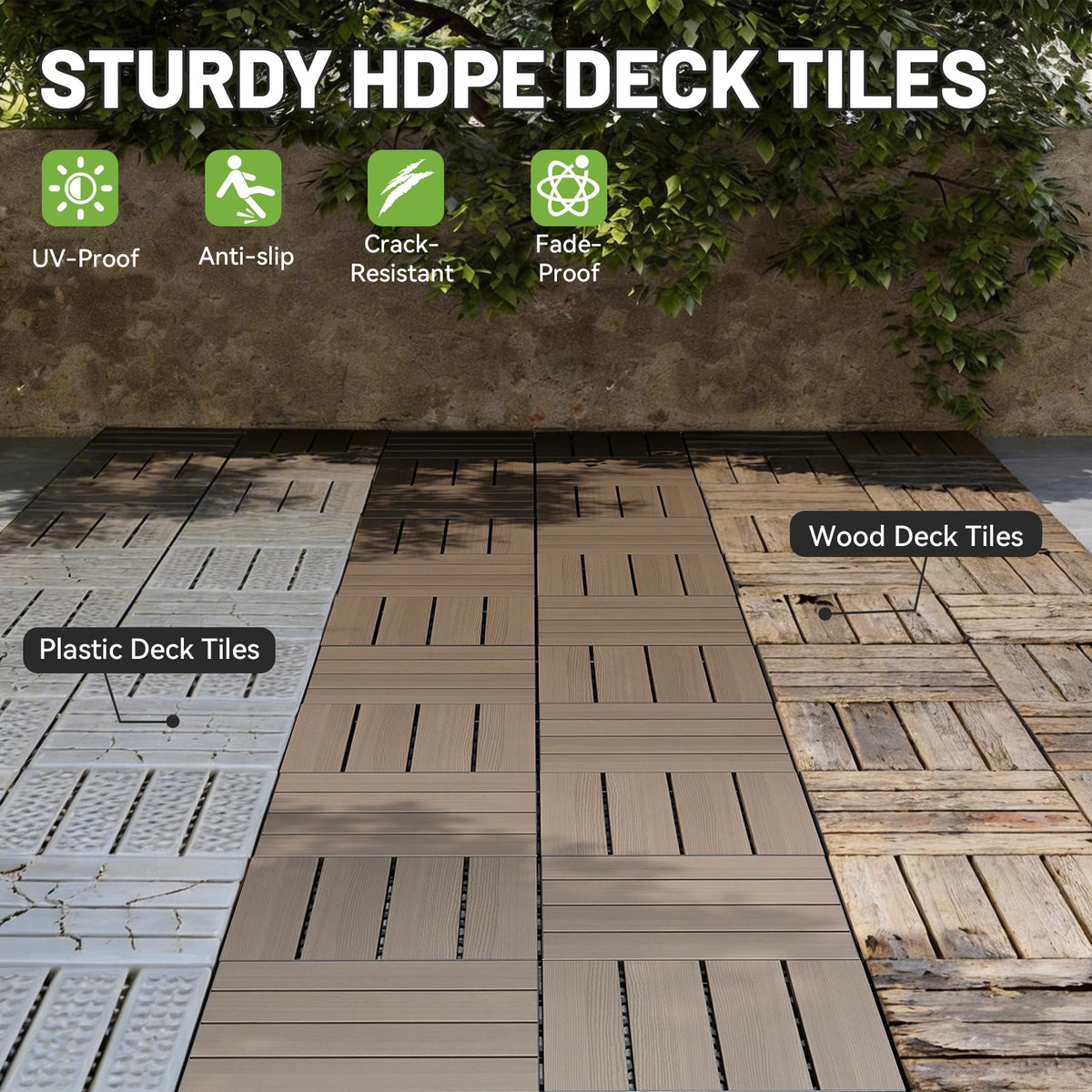 44 Pcs Interlocking Deck Tiles, 12" x 12" HDPE Outdoor Flooring