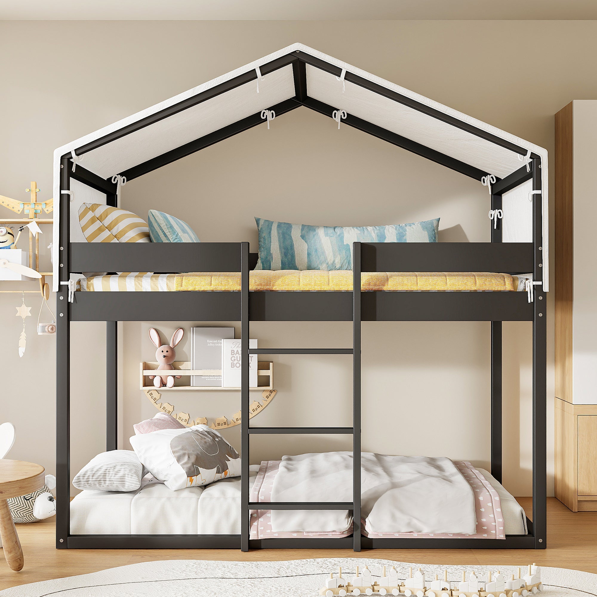 Twin Over Twin Wood Bunk Bed with Tent in Espresso