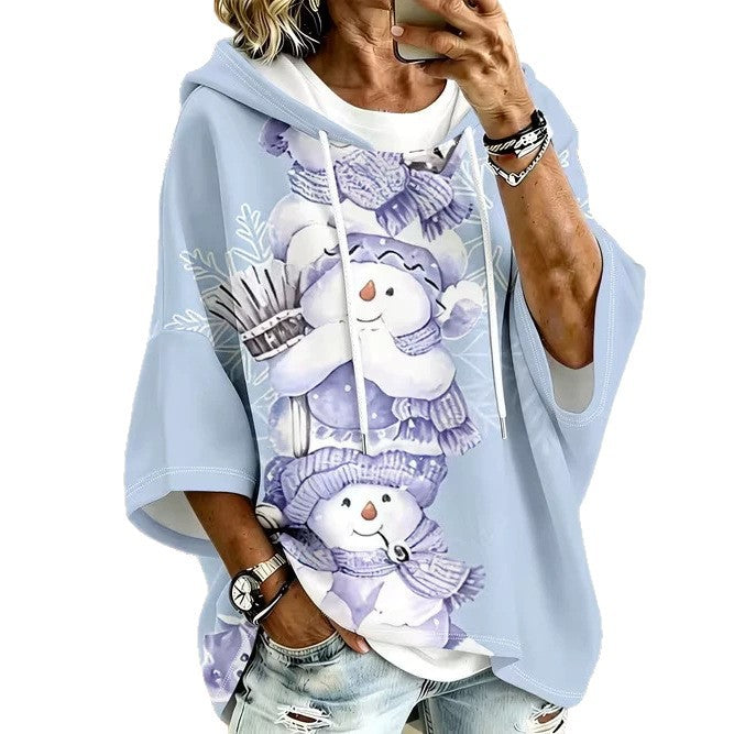 Womens Retro-Print Hoodie With Drawstring And Three-Quarter Sleeves