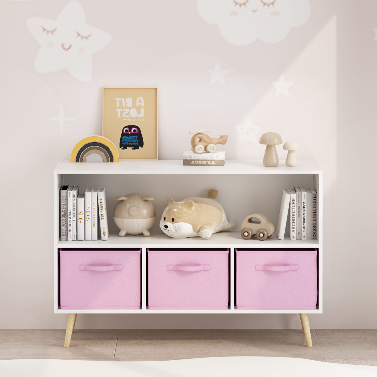 Kids Bookcase with Collapsible Fabric Drawers