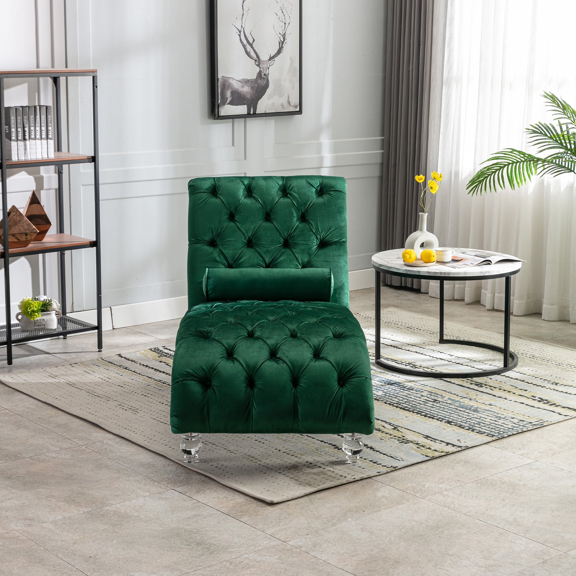Velvet Chaise Lounge Indoor Chair (Emerald Velvet)