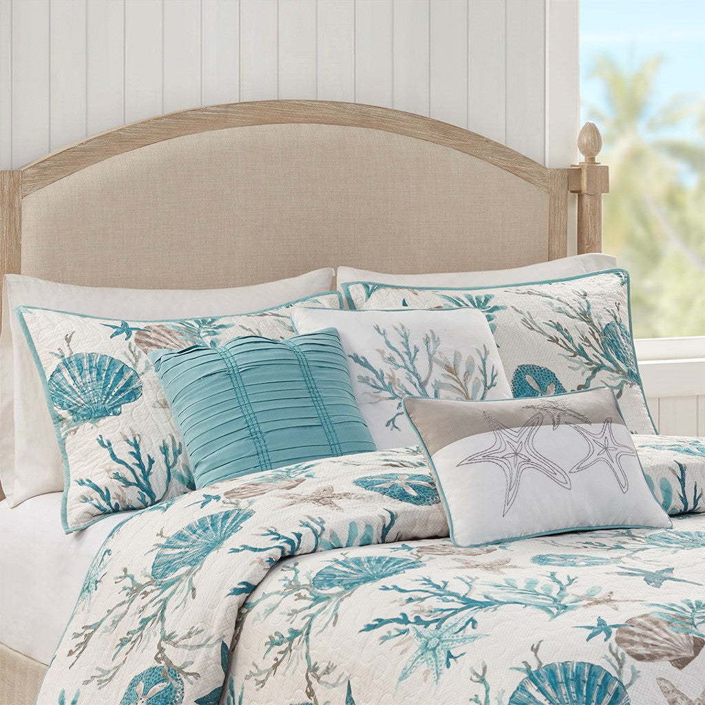 6 Piece Cotton Sateen Quilt Set with Throw Pillows Aqua - King/Cal King