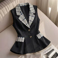 Black-and-white Houndstooth Contrast-color Lapel Blazer Vest