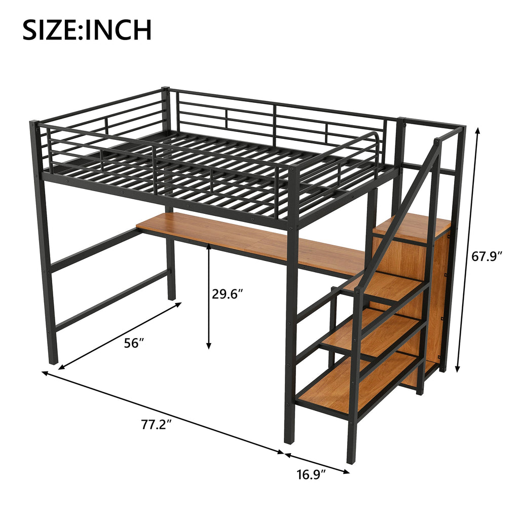 Full Size Metal Loft Bed with Desk, Storage Staircase, Small Wardrobe and LED Light