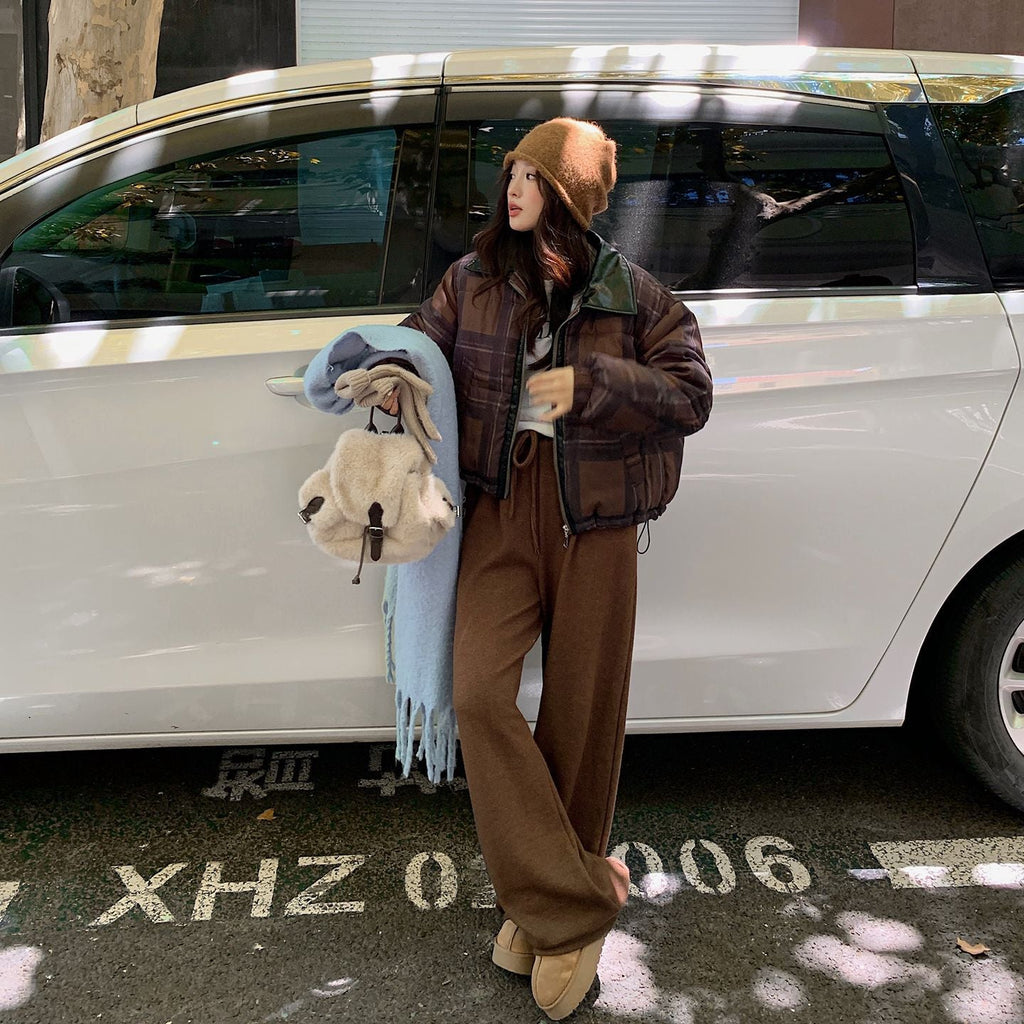 Loose-fit Stand-collar Plaid Padded Coat For Women