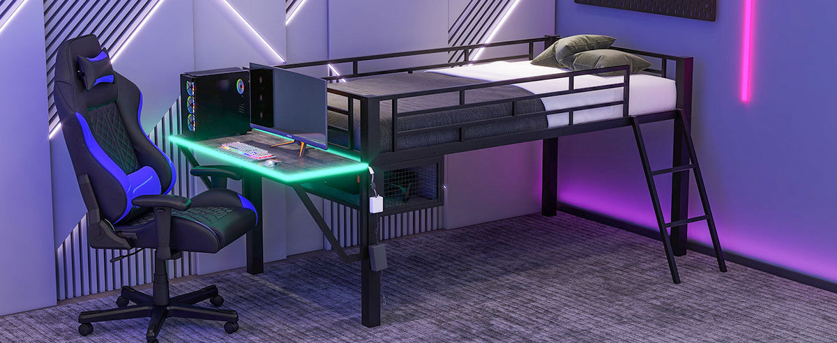 Gaming Mid Loft Bed With Desk & LED, Twin Size