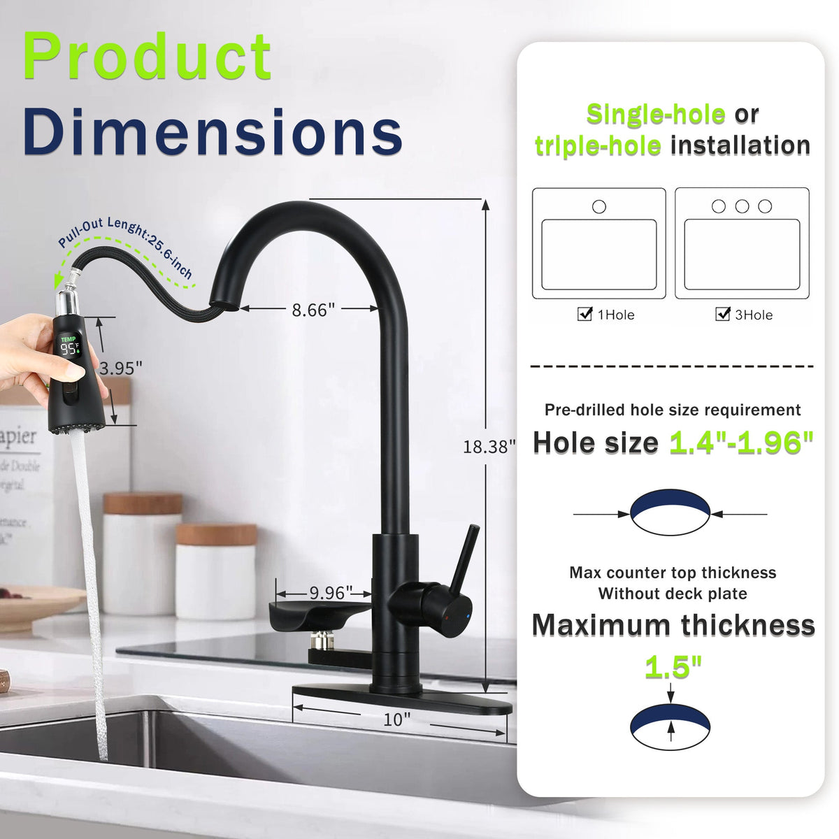 3-in-1 Kitchen Faucet with LED Temperature Display