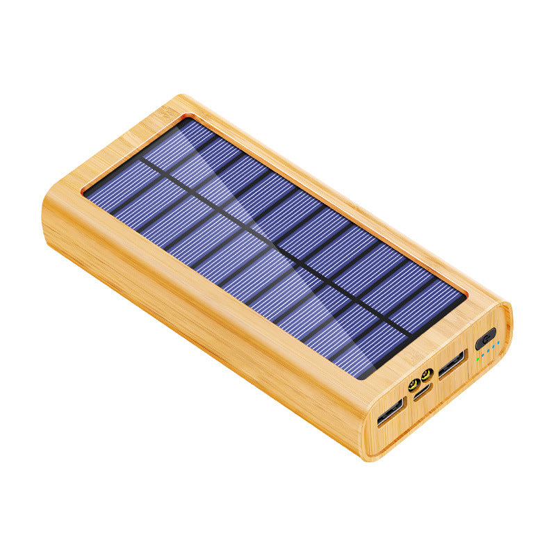 Solar-powered Wood-grain Power Bank Outdoor Portable Charger With LED Light