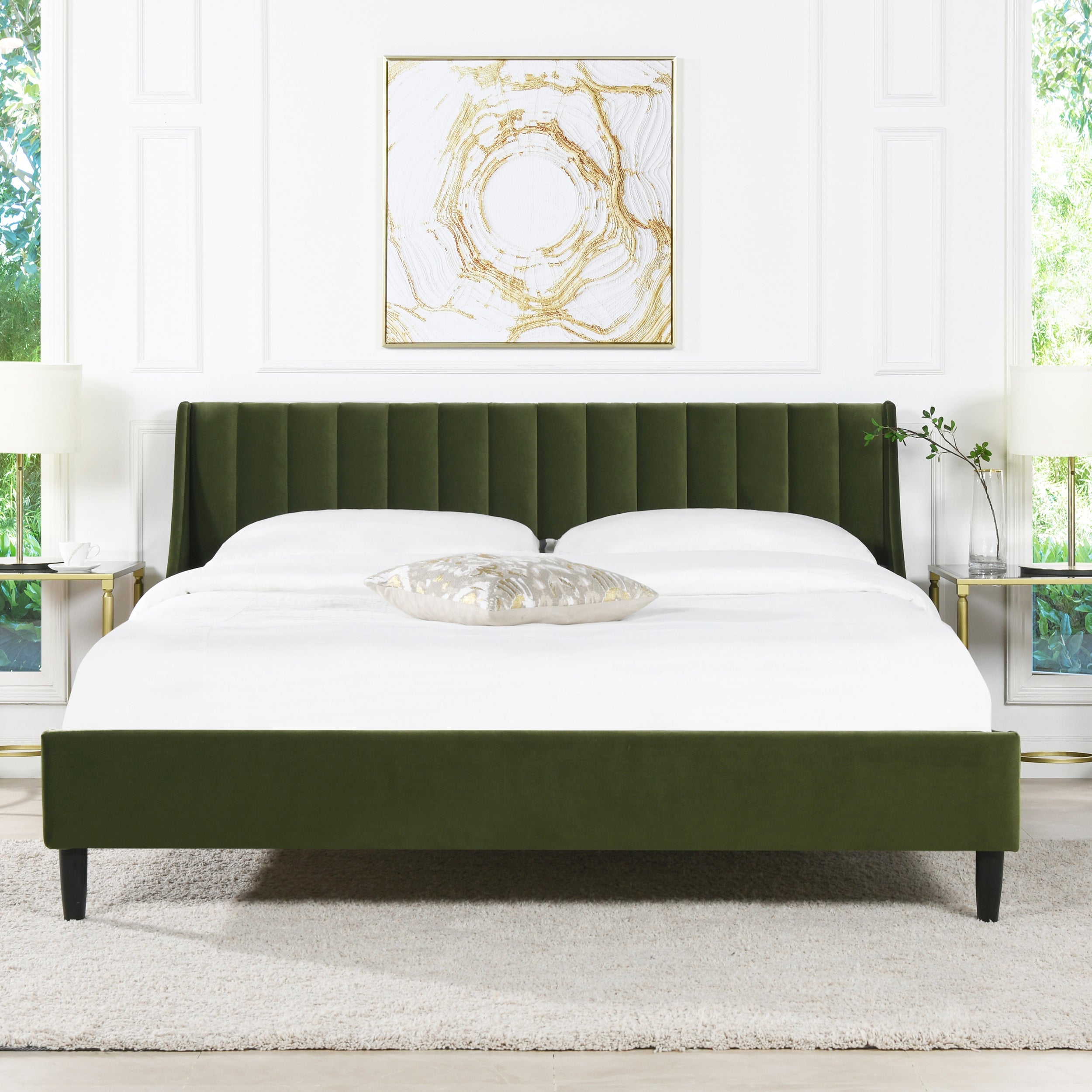 Aspen Vertical Tufted Headboard Platform Bed Set, King, Olive