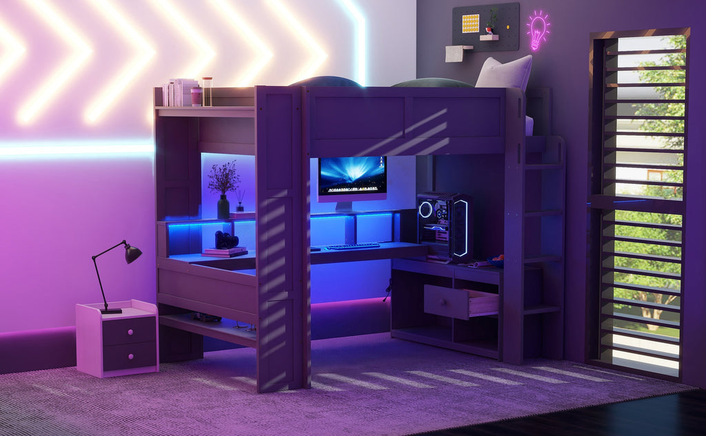 Wood Full Size Gaming Loft Bed with Desk, Storage Shelves, and LED Lighting