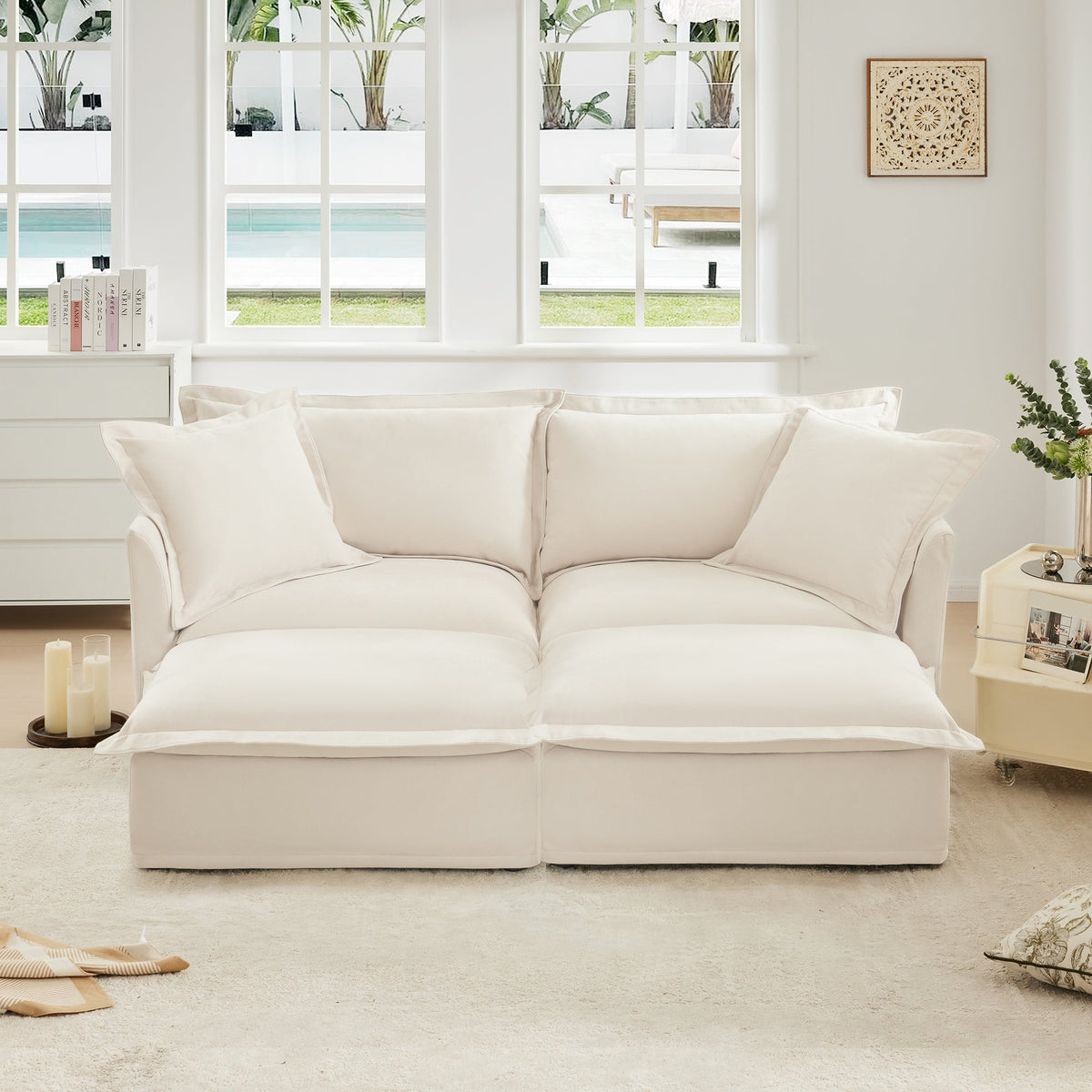 Chenille Slipcovered 2 Seater Sofa with 2 Ottomans