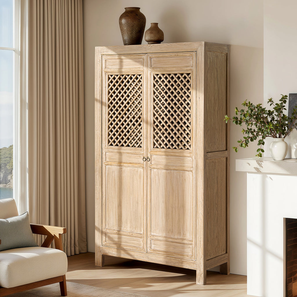 Arden 83" Tall Solid Reclaimed Pine Lattice 2-Door Bookcase