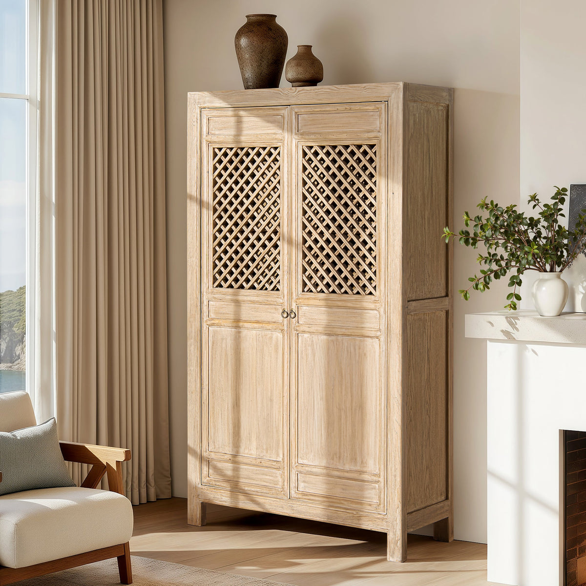 Arden 83" Tall Solid Reclaimed Pine Lattice 2-Door Bookcase