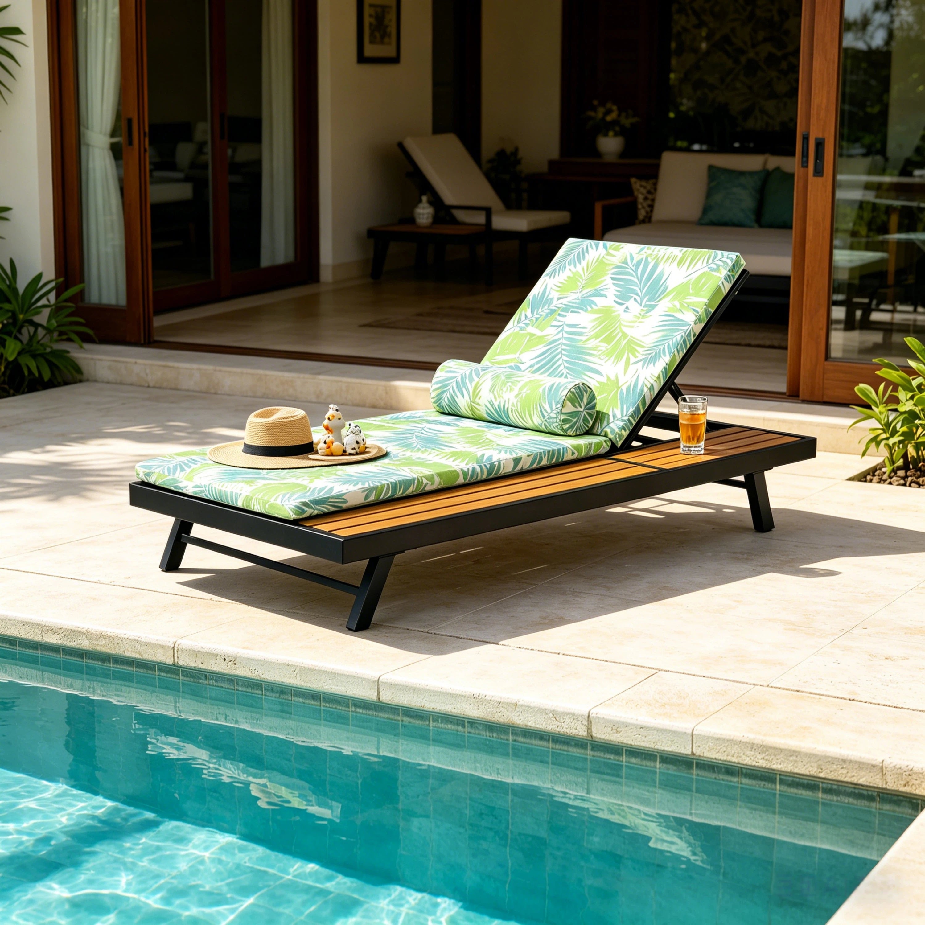 Black Iron + Teak Finish Outdoor Chaise Lounge Set