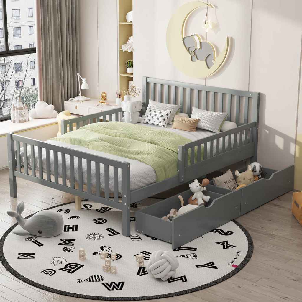 Full Size Wood Platform Bed with Guardrails on Both Sides and Two Storage Drawers