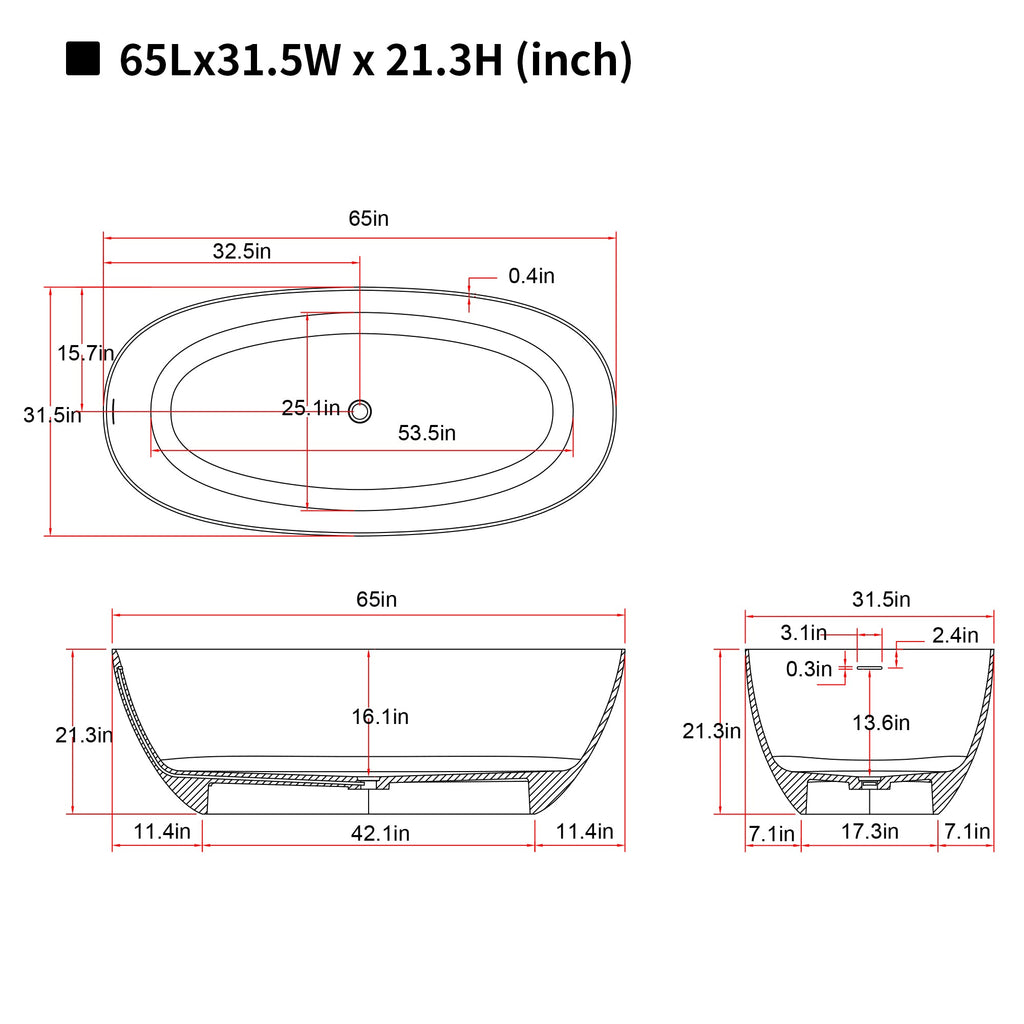 65'' Freestanding Bathtub Resin Stone Soaking Bathtub