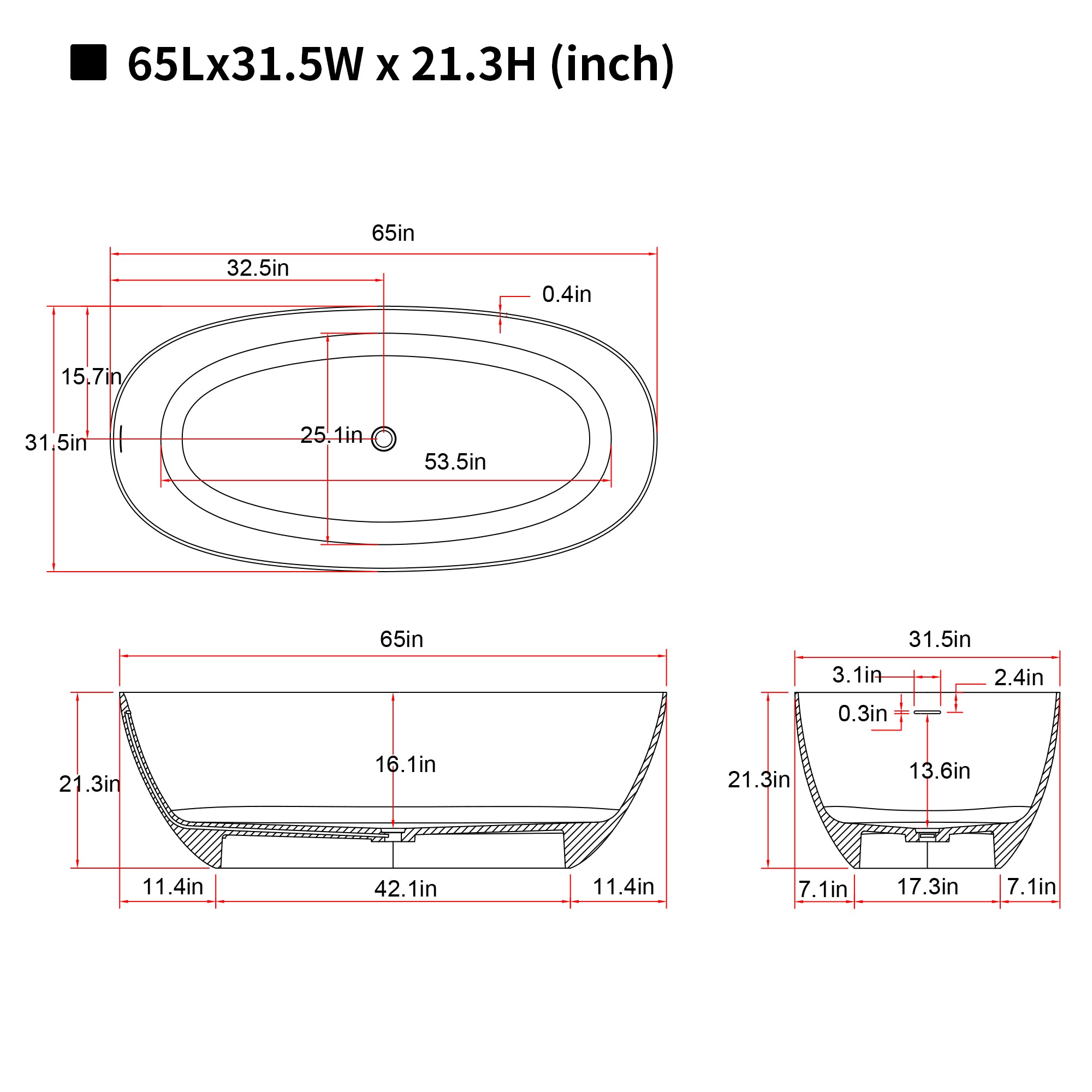 65'' Freestanding Bathtub Resin Stone Soaking Bathtub