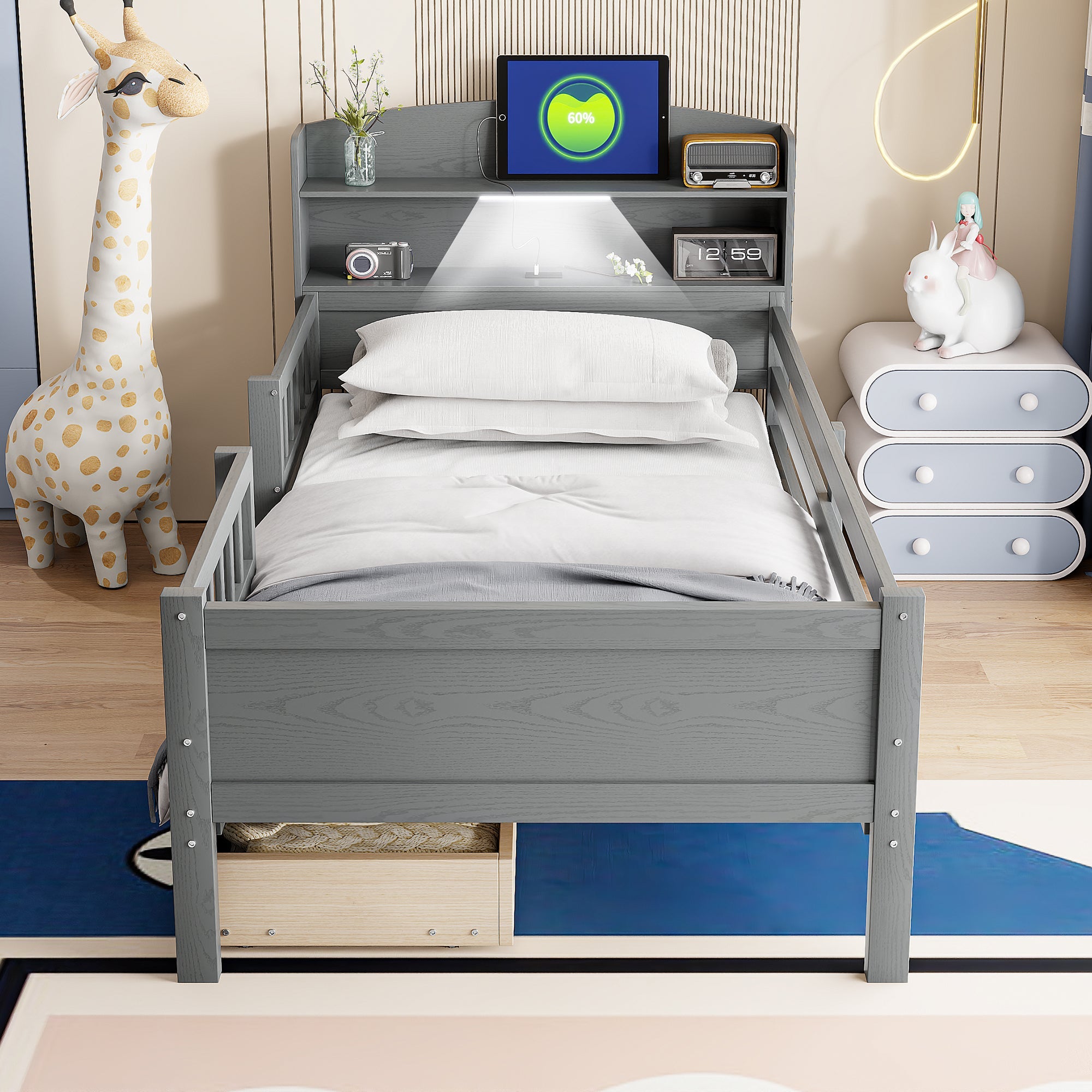 Wood Twin Size Platform Bed with Built-in LED Light