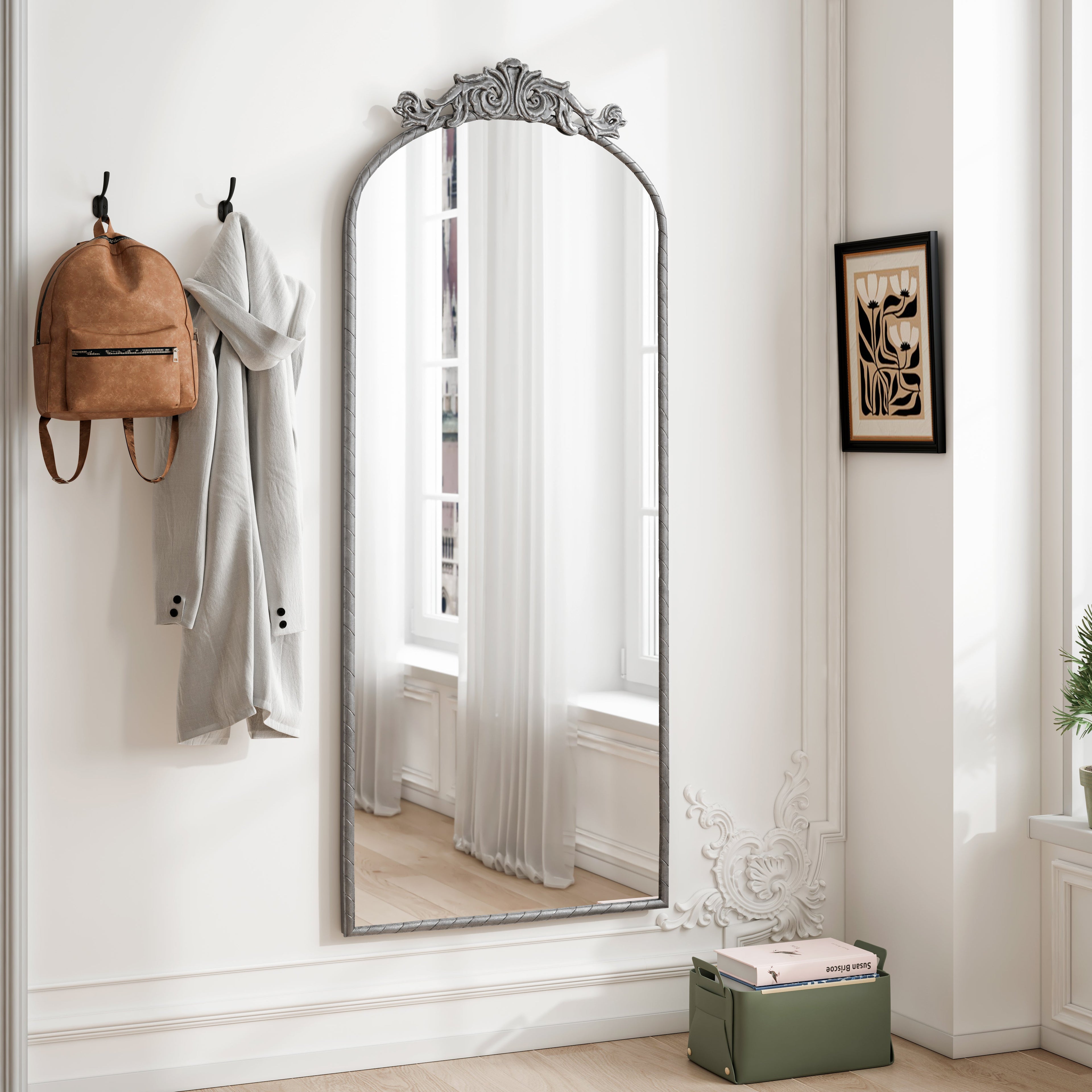 58" x 24" Arched Full Body Mirror with Vintage Ornate Carved Applique