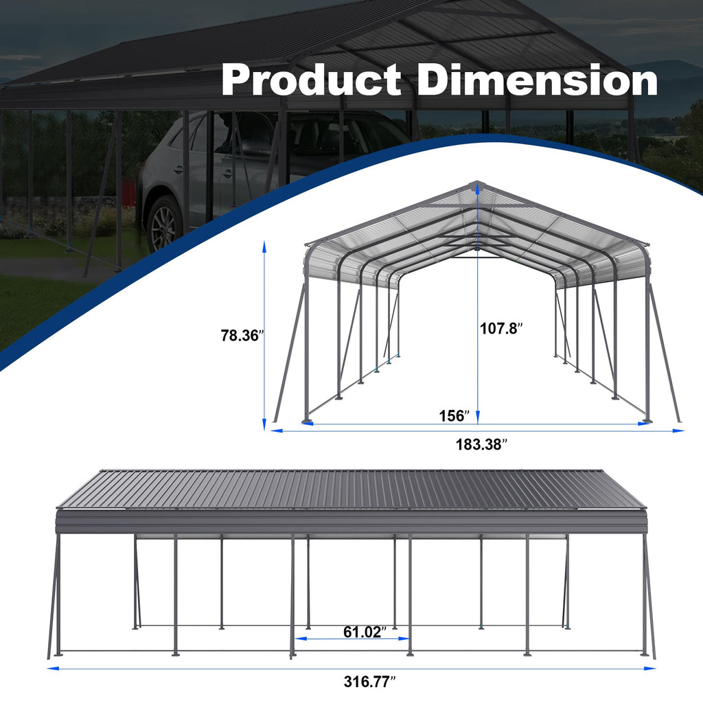 Heavy Duty Metal Carport 13 × 26.5 FT
