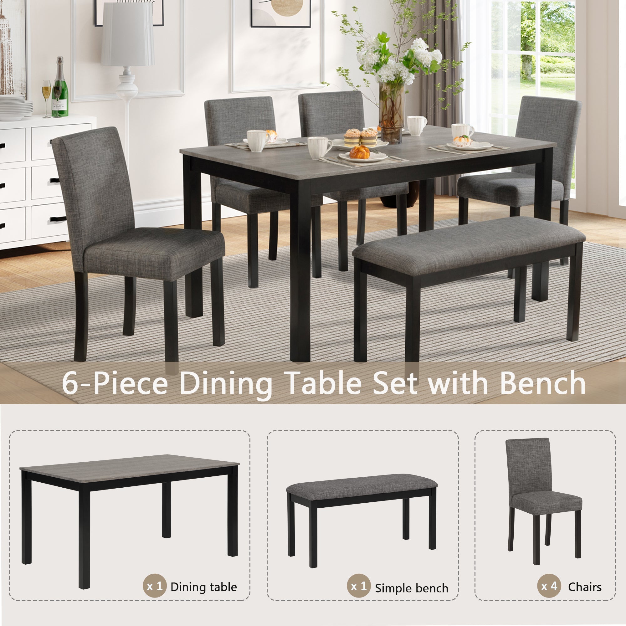 6-Piece Dining Table Set with Bench and Chairs
