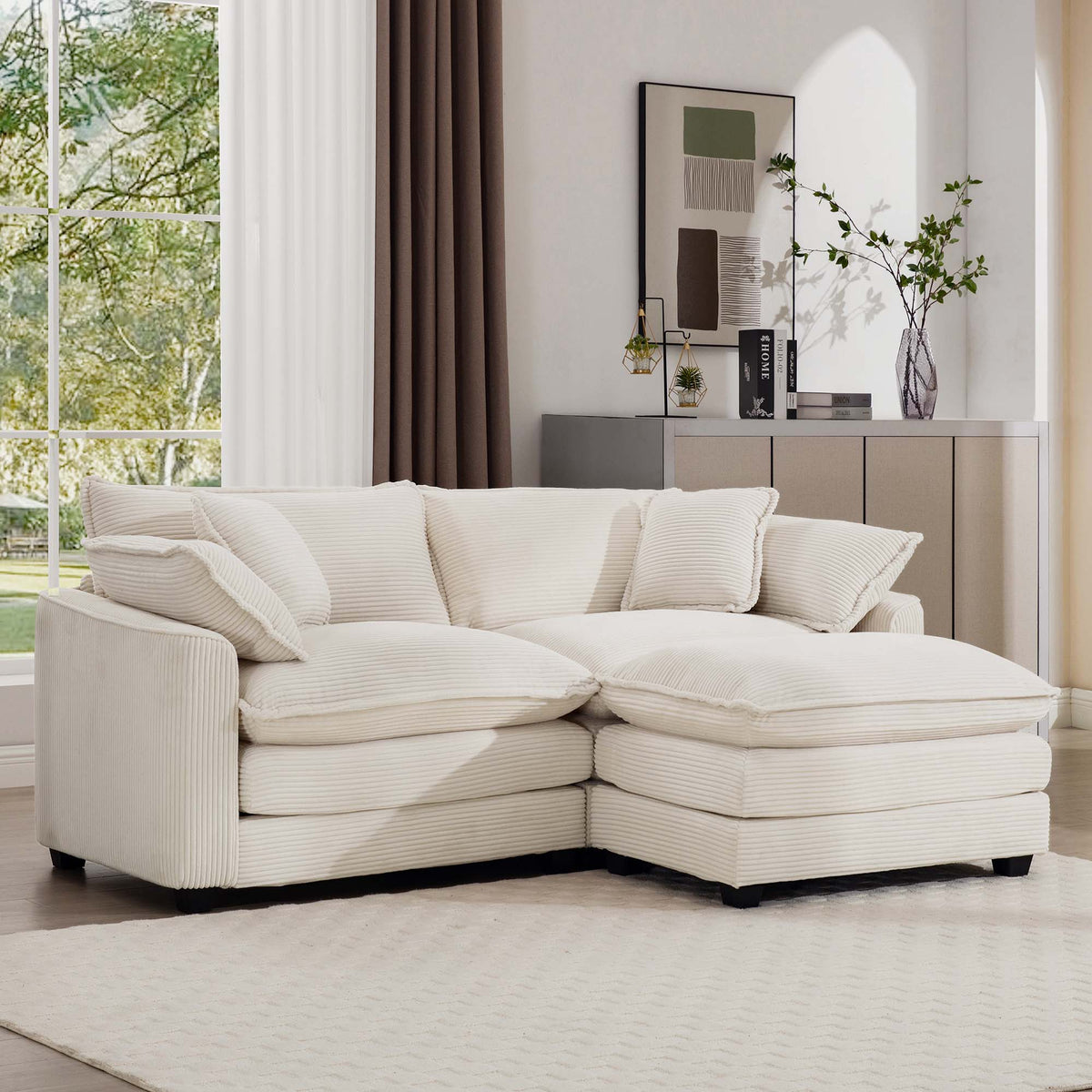 Corduroy Two-Seater Sofa with 1 Footrest