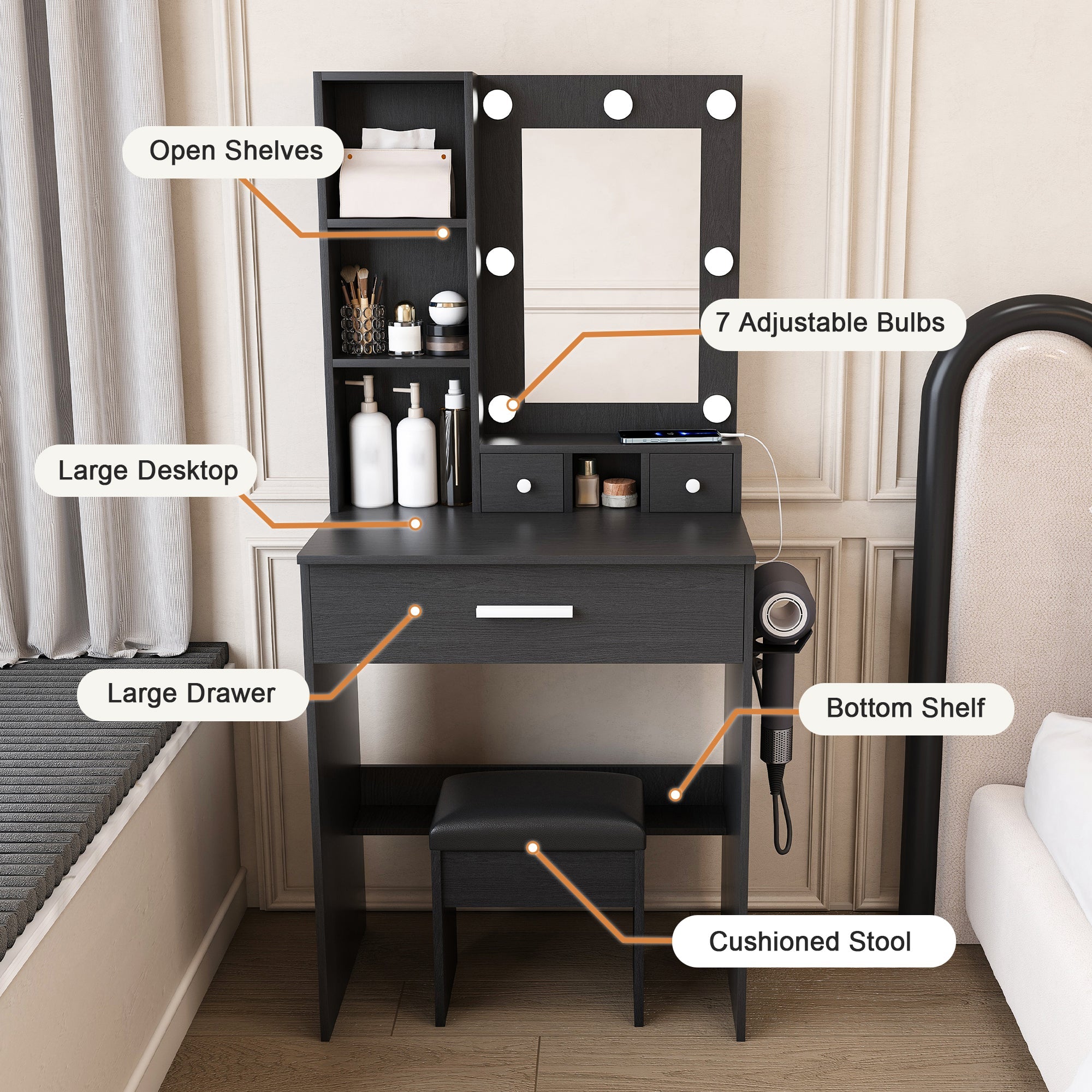 Vanity Table with Mirror & Adjustable LED Lights