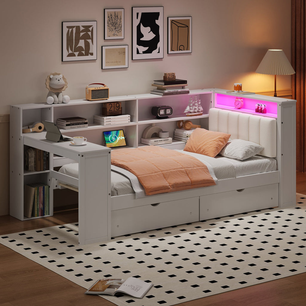 Wood Twin Size Platform Bed with Storage Shelves, Drawers, and LED