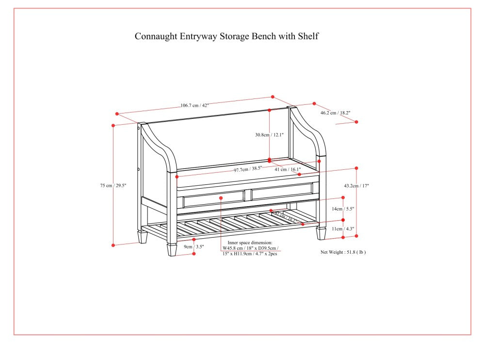 Connaught Solid Wood Entryway Storage Bench with Shelf
