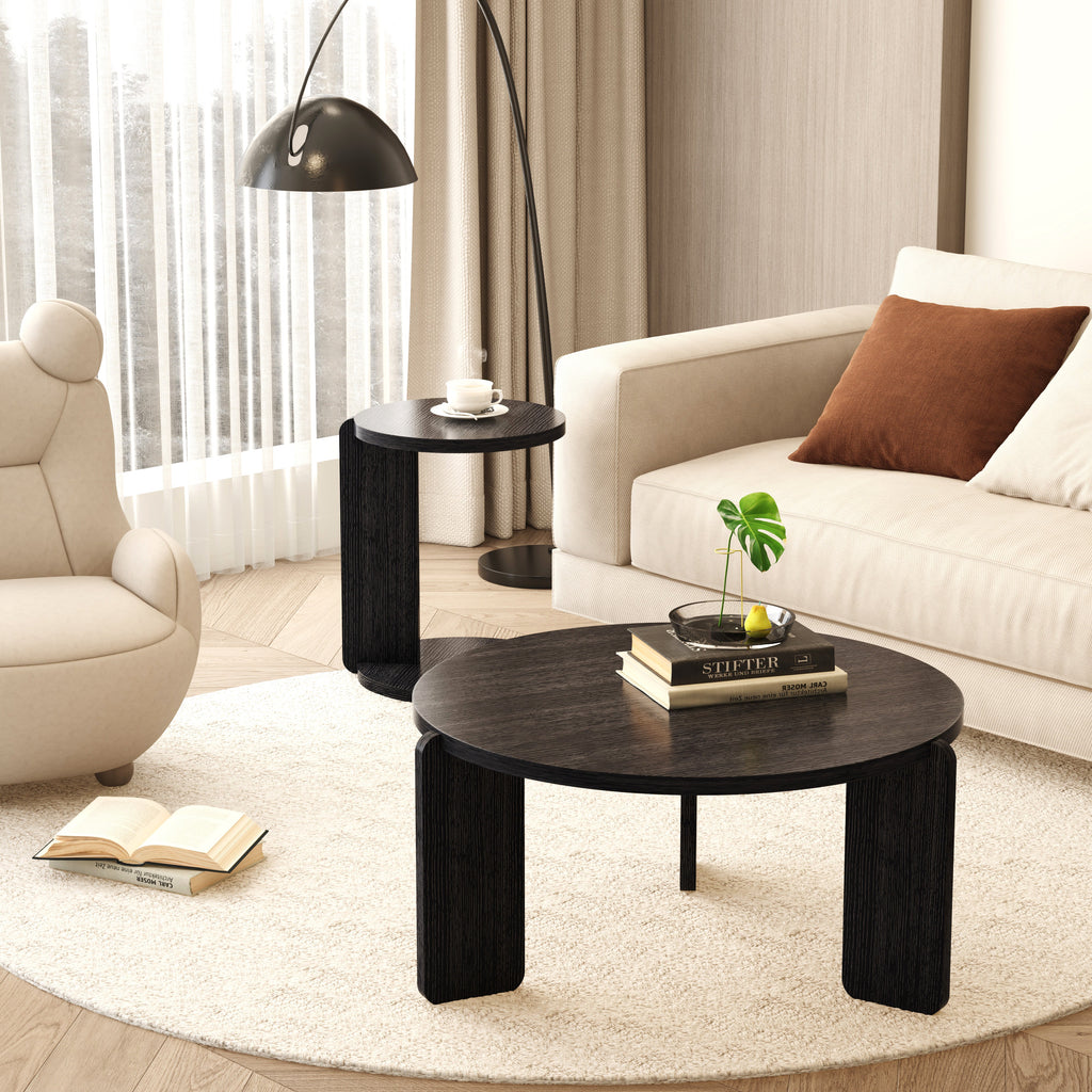 Nesting Round Wood Coffee Table with End Table Set of 2