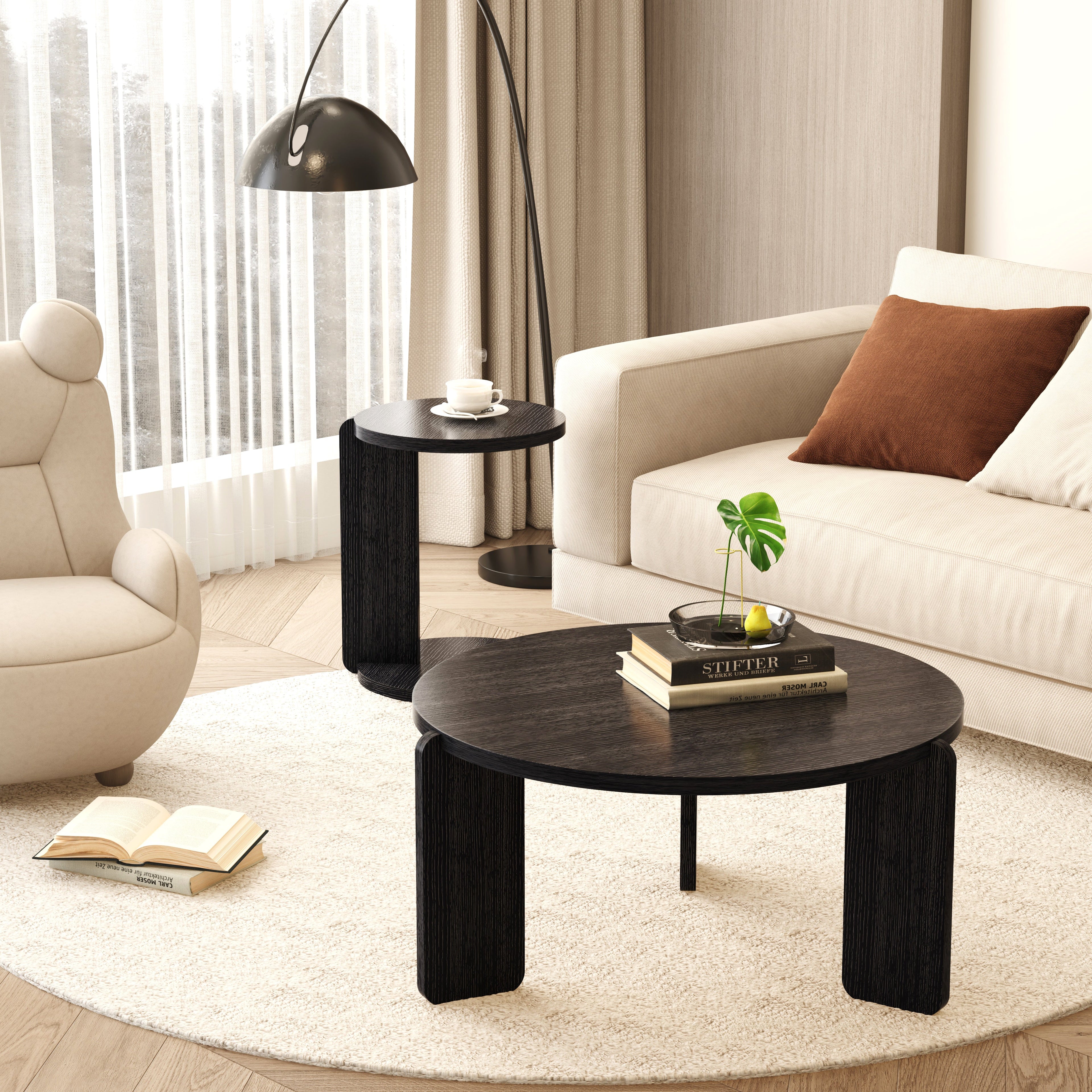 Nesting Round Wood Coffee Table with End Table Set of 2