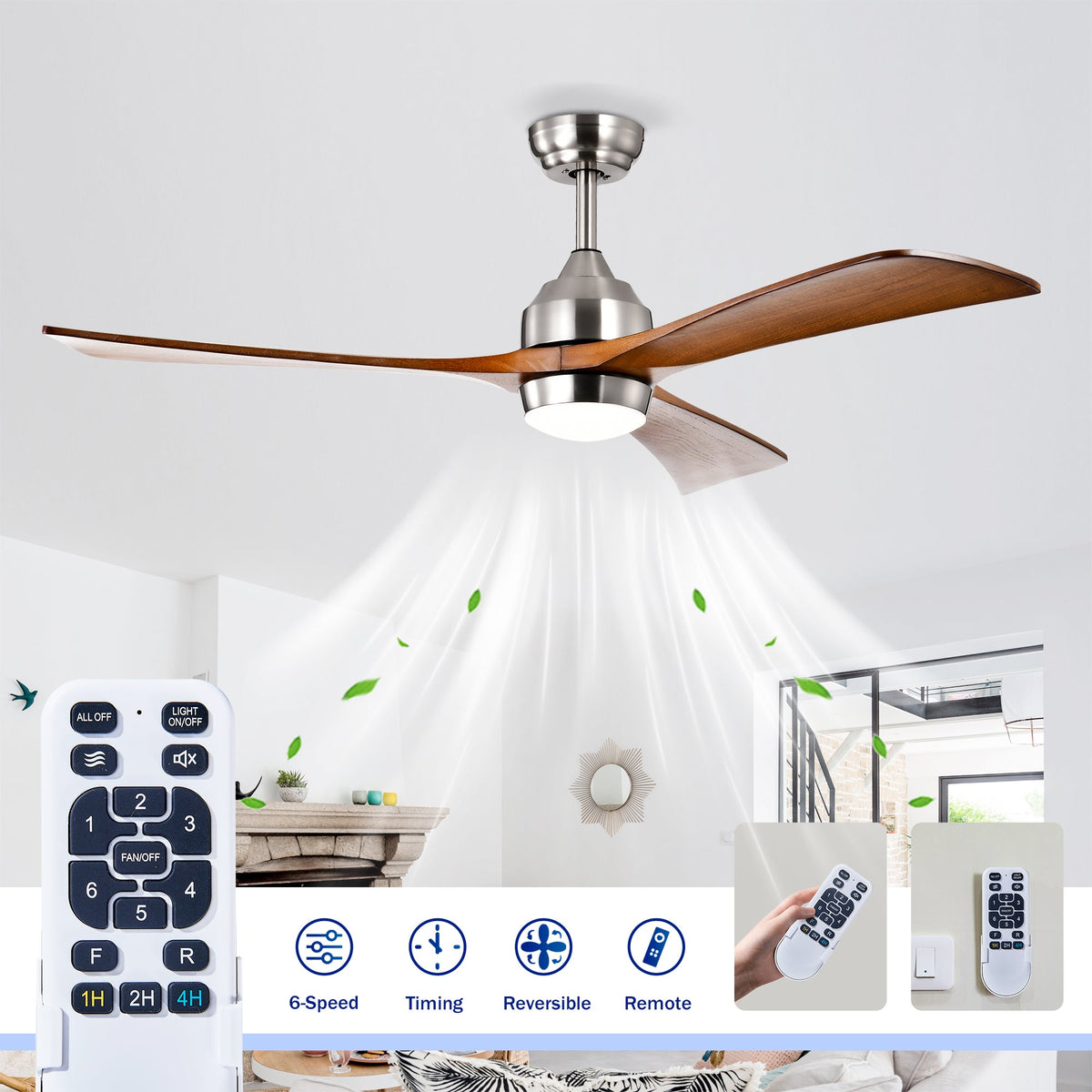 52" Solid Wood Blades Ceiling Fan with Lights & Remote Control