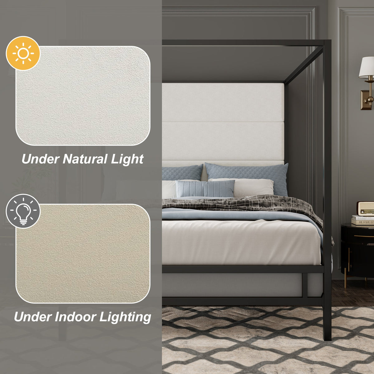 Modern Canopy Bed with Velvet Upholstered Headboard