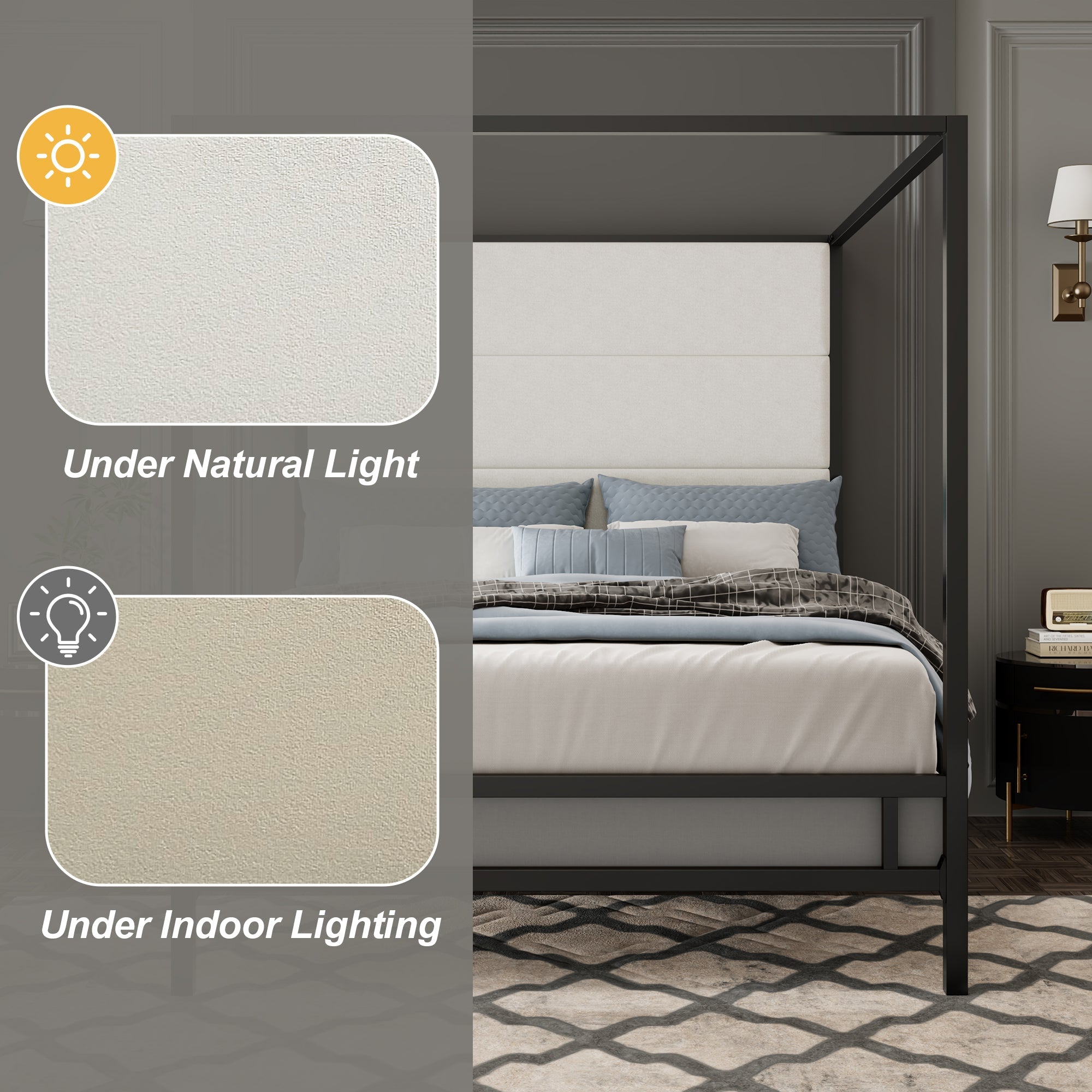 Modern Canopy Bed with Velvet Upholstered Headboard