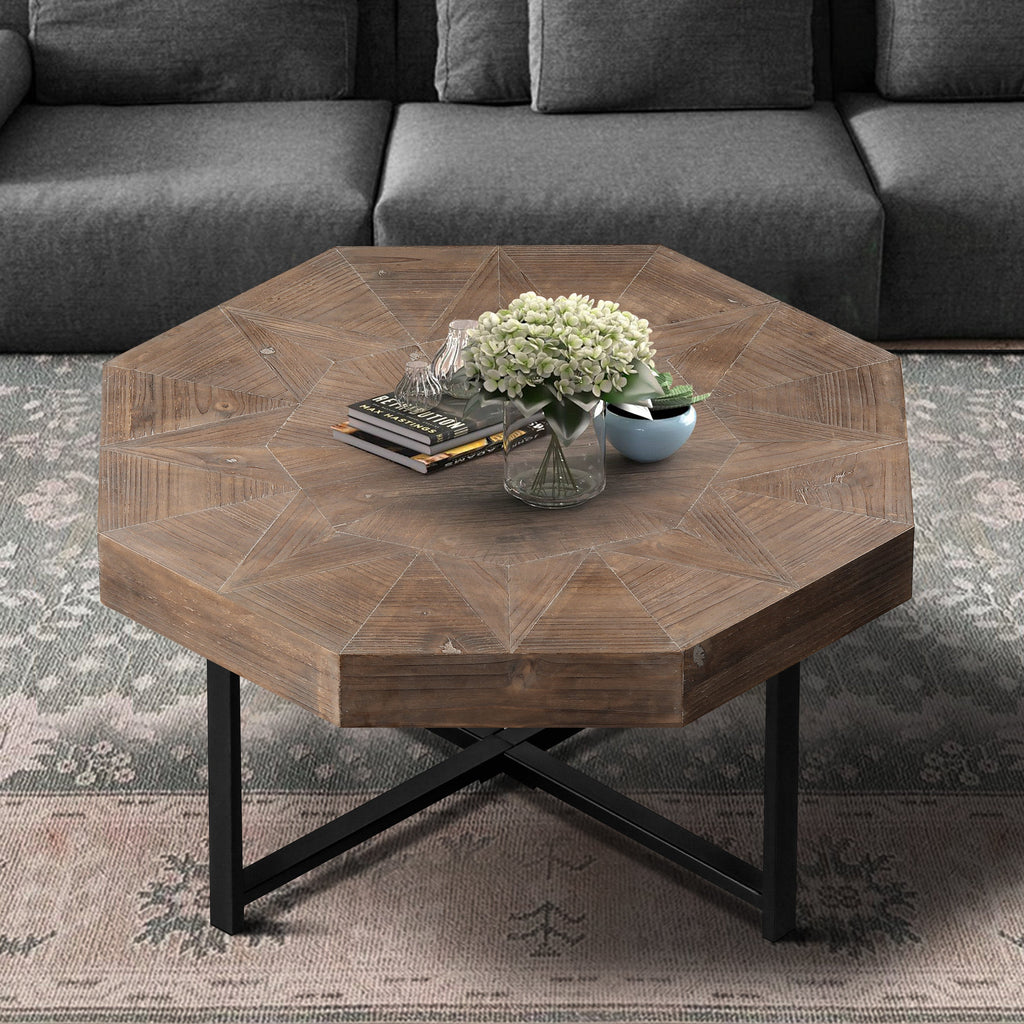Wood Octagonal Vintage Patchwork Craft Farmhouse Coffee Table