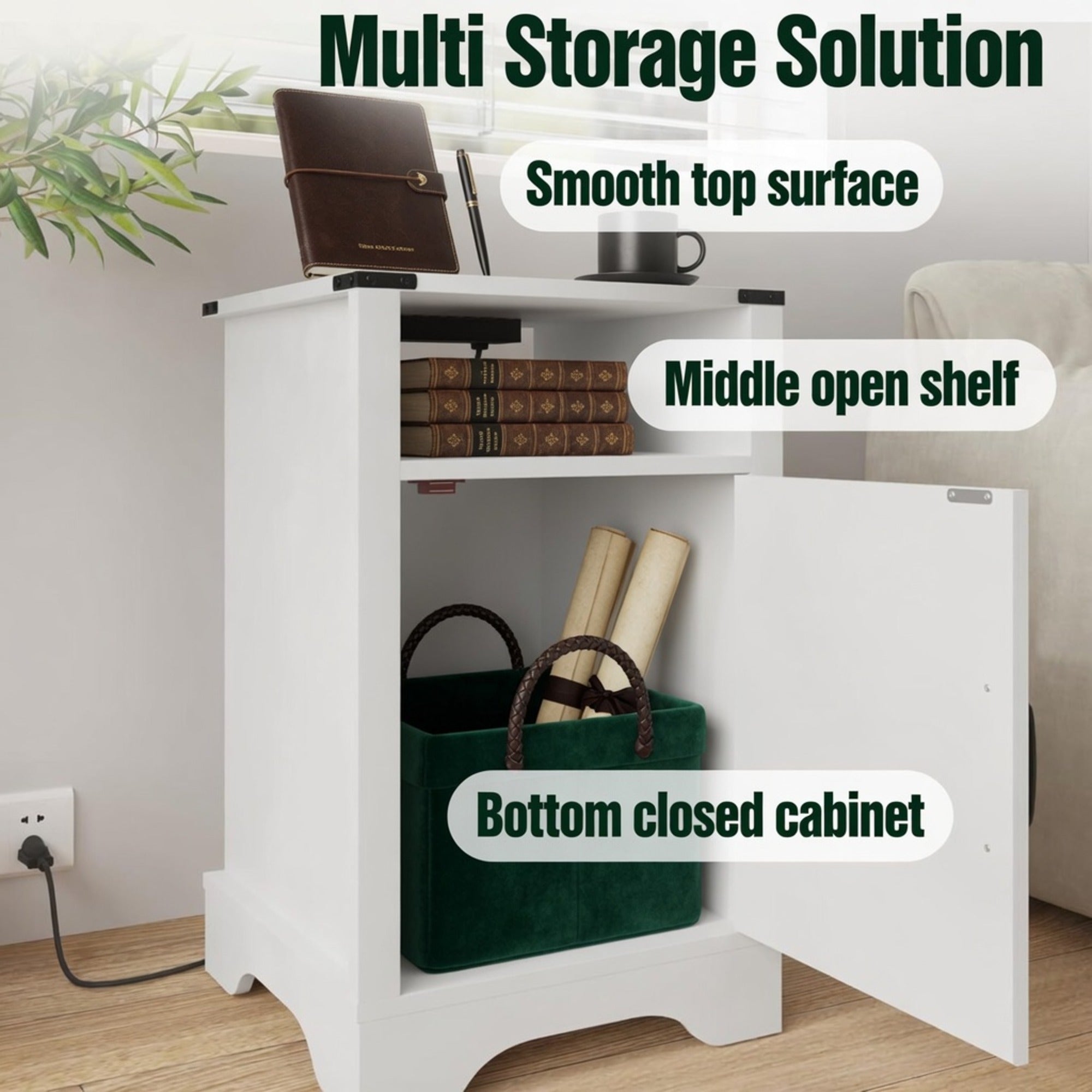 16" White Farmhouse Nightstand with Charging Station