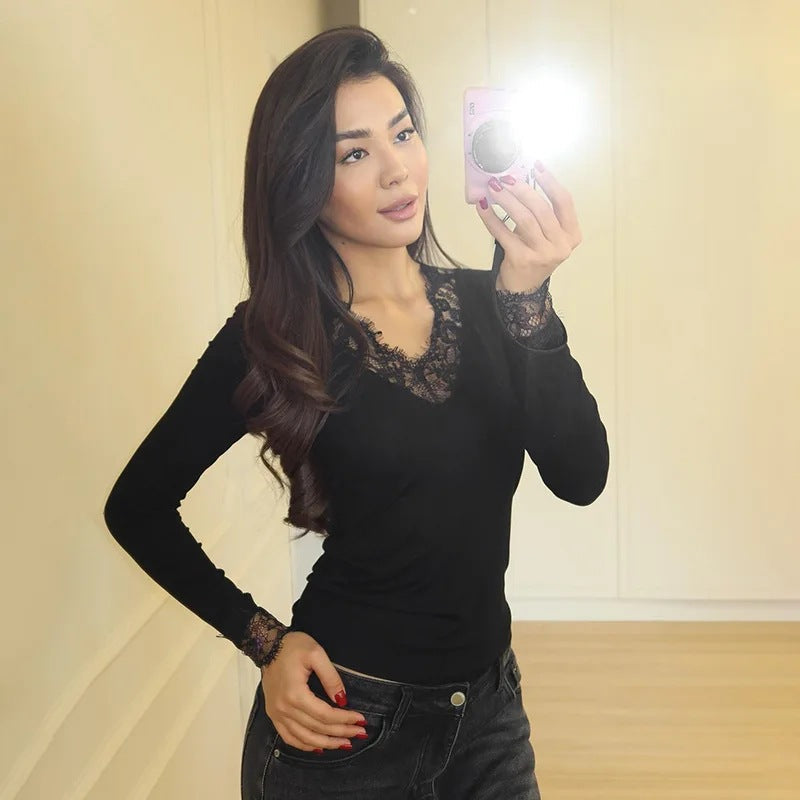 Y25Tp428 European And American Cross-Border Women's Clothing Autumn Amazon New V-Neck Lace Patchwork Waist-Revealing Crop Top
