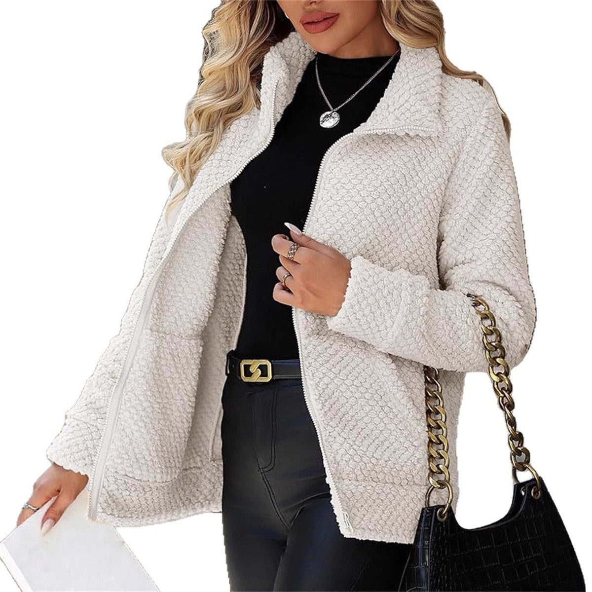 Women's Padded Fleece-Lined Zip-Up Jacket With Pocket And Lapel