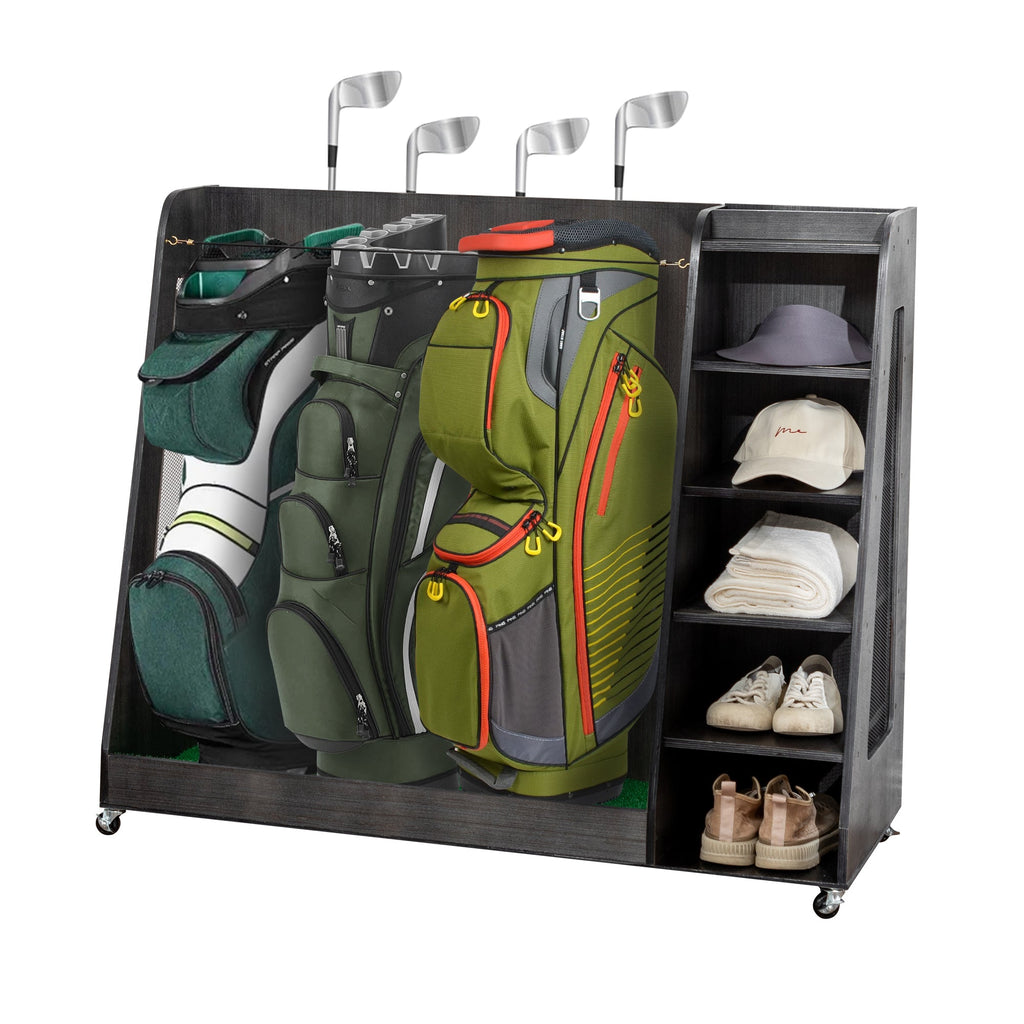 Gray Wooden Golf Bag Storage Rack with 3 Drawers