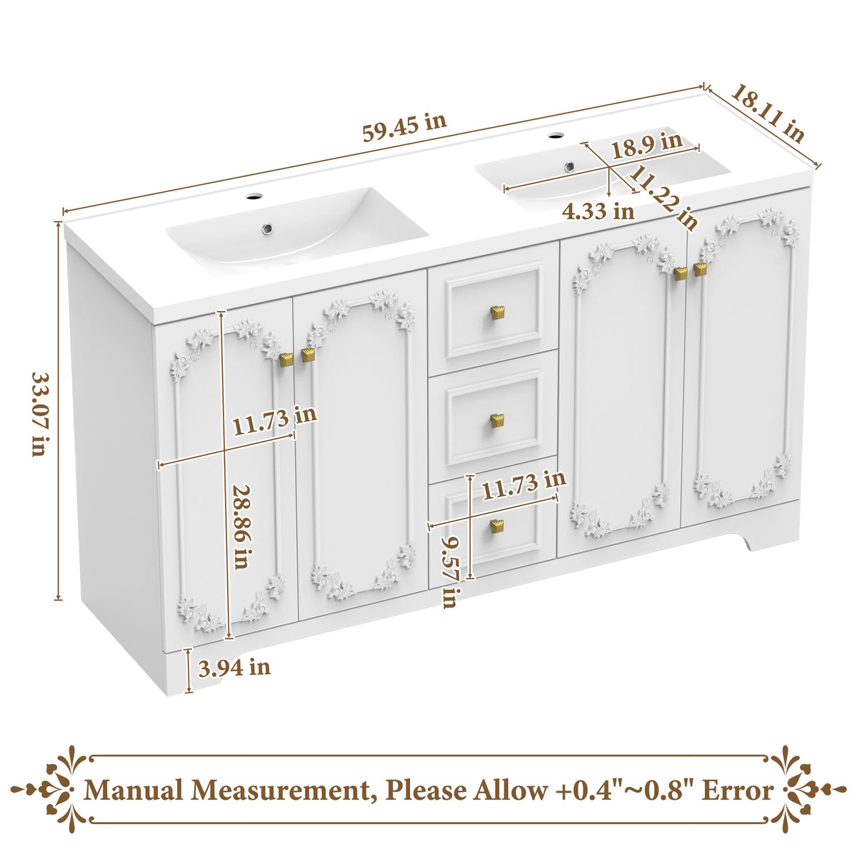 60" White French-Style Bathroom Vanity Cabinet