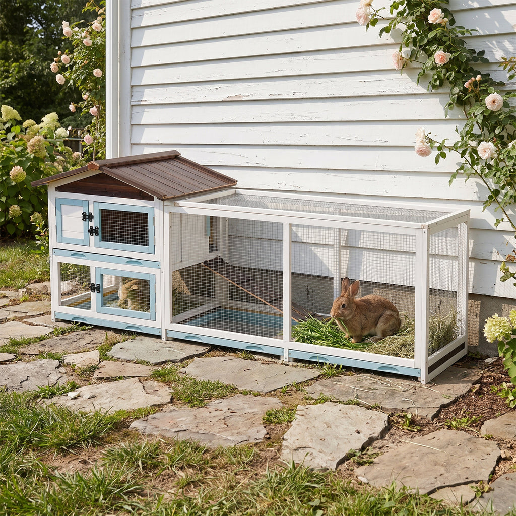 Outdoor Multi-Level Fir Wood Small Animal Rabbit Hutch with Removable Cleaning Trays