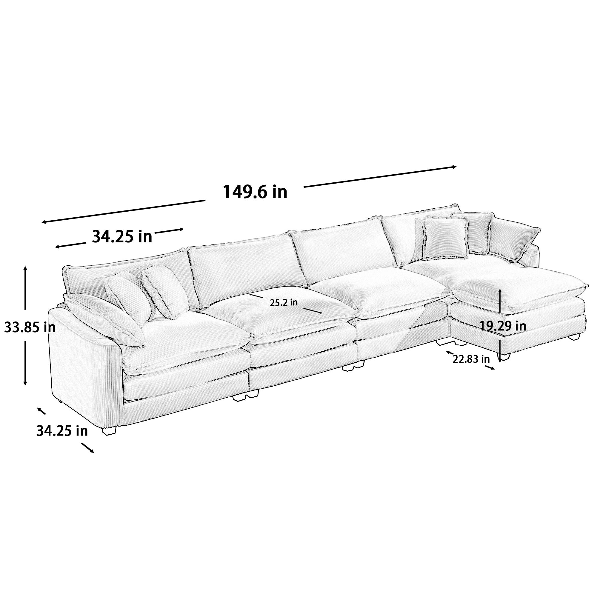 Corduroy Sofa - Modern Upholstered 4 Seater with Footstool