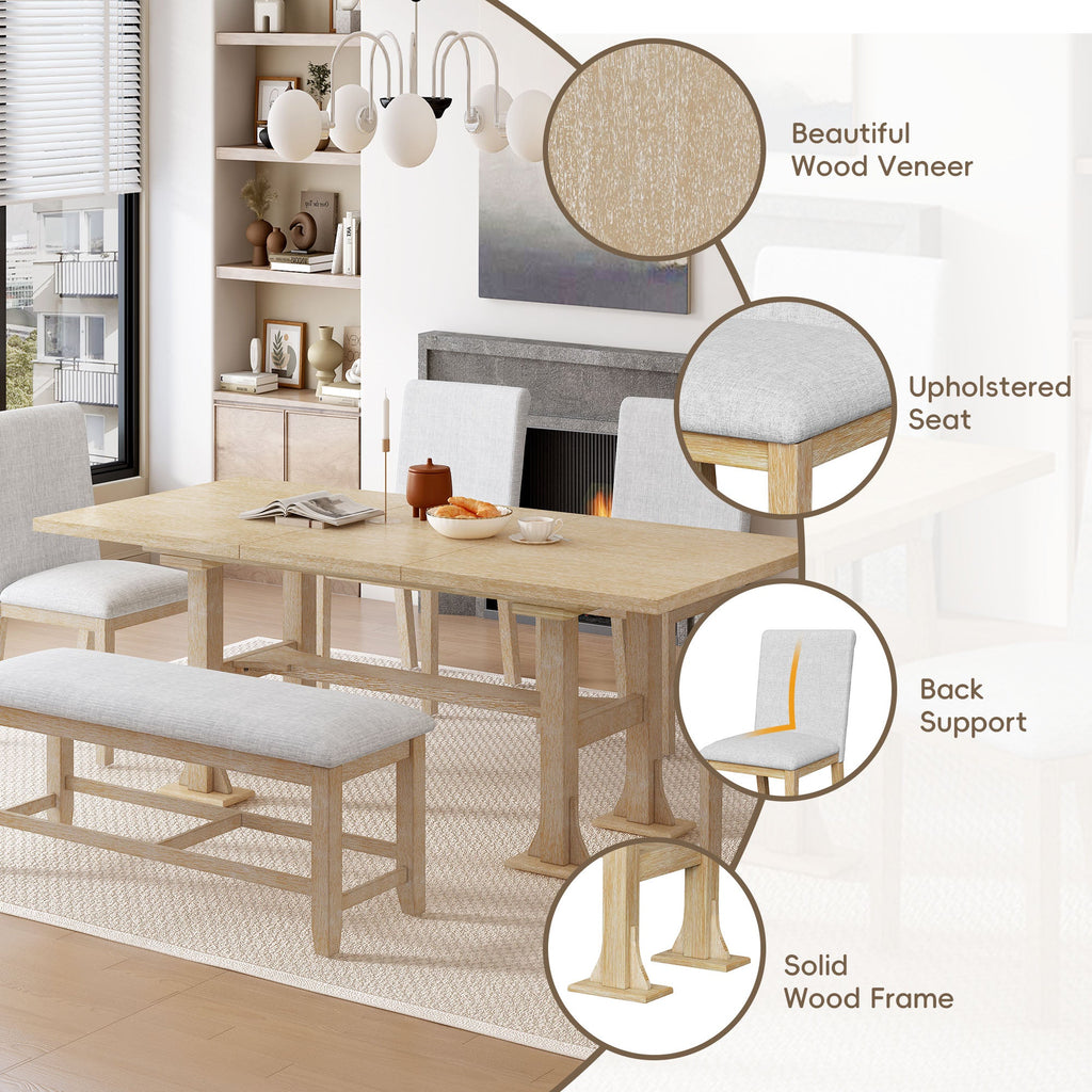 TOPMAX Farmhouse 76-Inch 6-Piece Extendable Dining Table Set