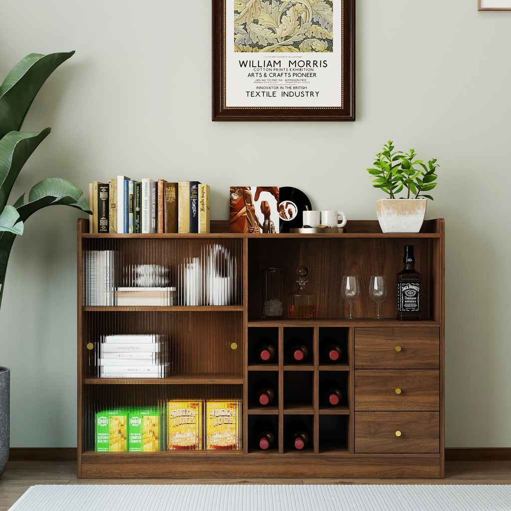 Sideboard With 2 Sliding Striped Glass Doors